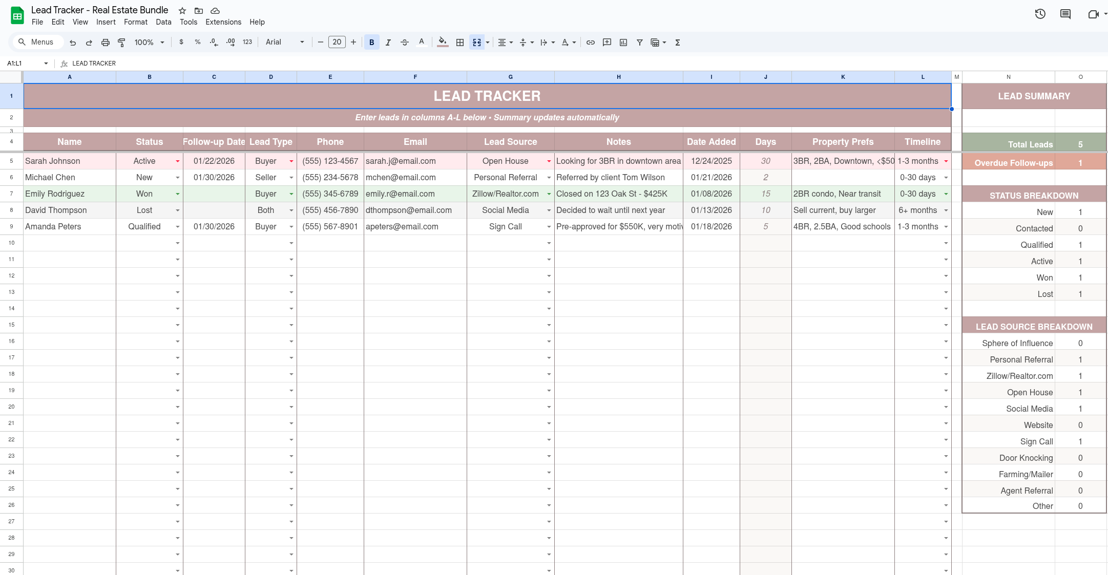 Lead Tracker template preview